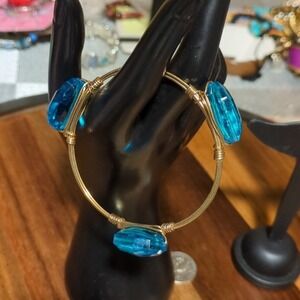 Gold tone Wired wrapped bangle bracelet 8" W Blue Stones